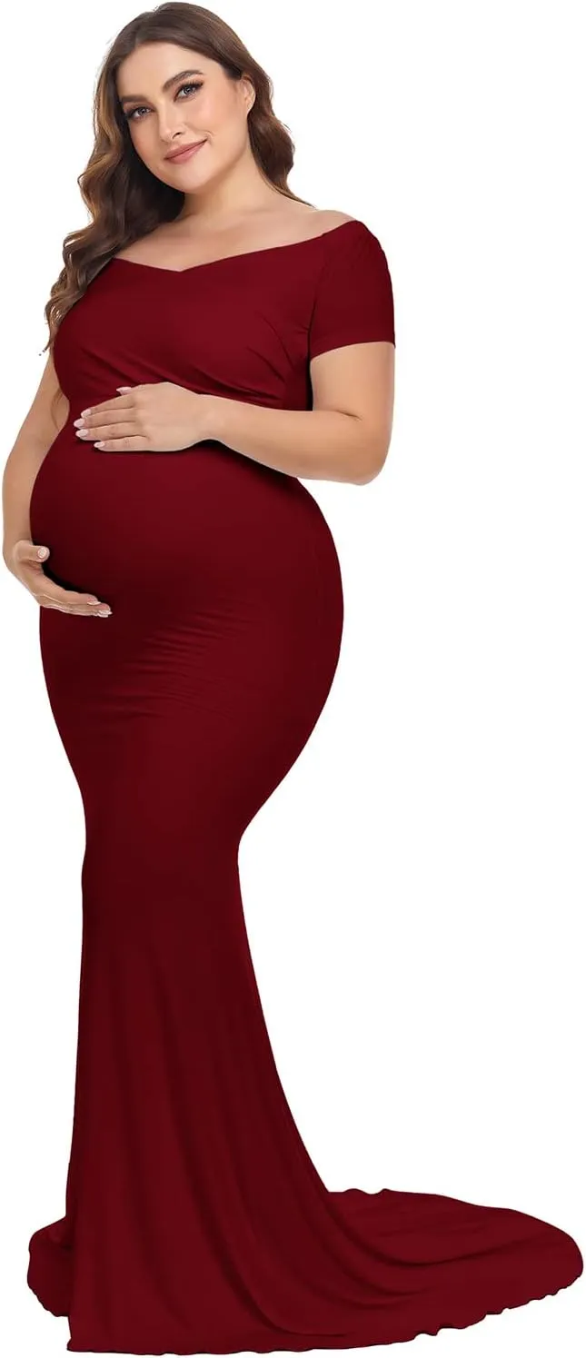 YnimioAOX Maternity Photoshoot Dress Short Sleeve Elegant Maxi Photography Dress Slim Stretchy Gowns