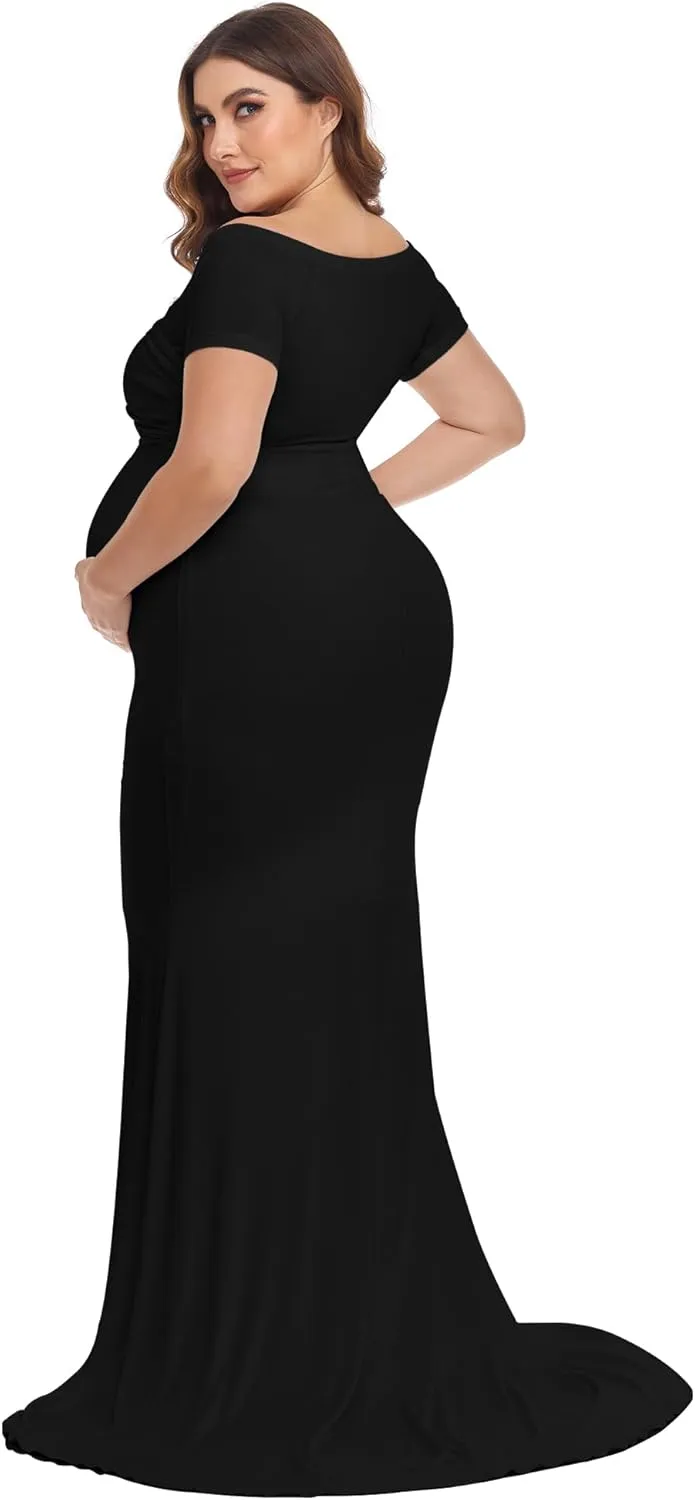 YnimioAOX Maternity Photoshoot Dress Short Sleeve Elegant Maxi Photography Dress Slim Stretchy Gowns