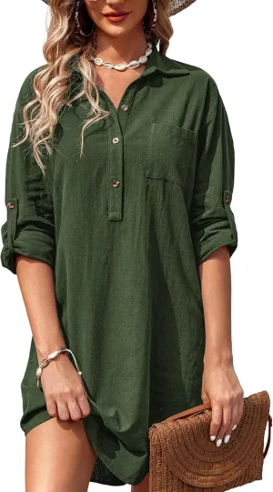 Zeagoo Women Summer Dress Cotton Linen Shirt Dress Button Down Tunic Dress Beach Cover Up Dress