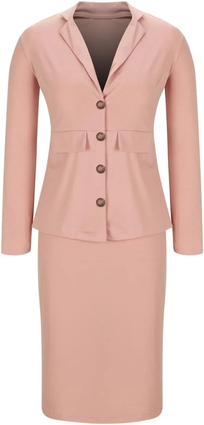 ZEFOTIM Skirt Suit Set for Women Fashion Blazer Solid Color Curvy Long Sleeve 2 Piece Jackets with Pocket