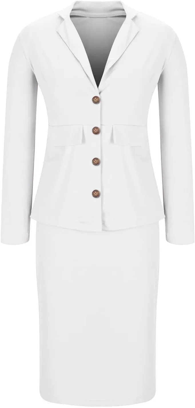 ZEFOTIM Skirt Suit Set for Women Fashion Blazer Solid Color Curvy Long Sleeve 2 Piece Jackets with Pocket