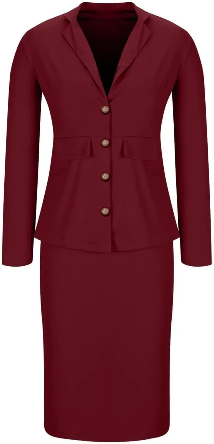 ZEFOTIM Skirt Suit Set for Women Fashion Blazer Solid Color Curvy Long Sleeve 2 Piece Jackets with Pocket