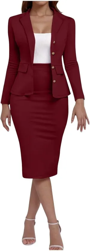 ZEFOTIM Skirt Suit Set for Women Fashion Blazer Solid Color Curvy Long Sleeve 2 Piece Jackets with Pocket