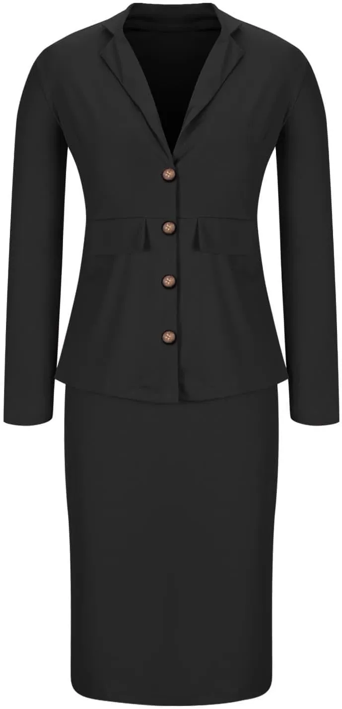 ZEFOTIM Skirt Suit Set for Women Fashion Blazer Solid Color Curvy Long Sleeve 2 Piece Jackets with Pocket