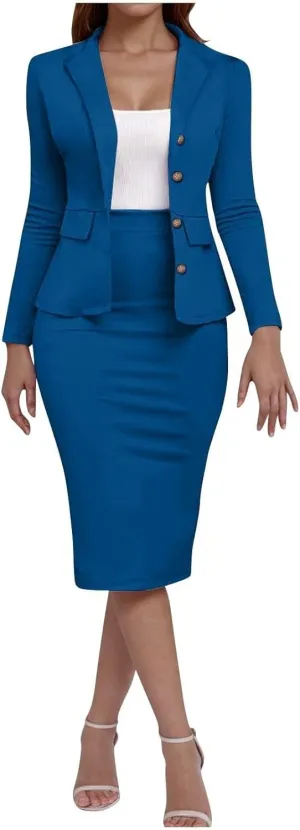 ZEFOTIM Skirt Suit Set for Women Fashion Blazer Solid Color Curvy Long Sleeve 2 Piece Jackets with Pocket