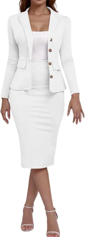 ZEFOTIM Skirt Suit Set for Women Fashion Blazer Solid Color Curvy Long Sleeve 2 Piece Jackets with Pocket