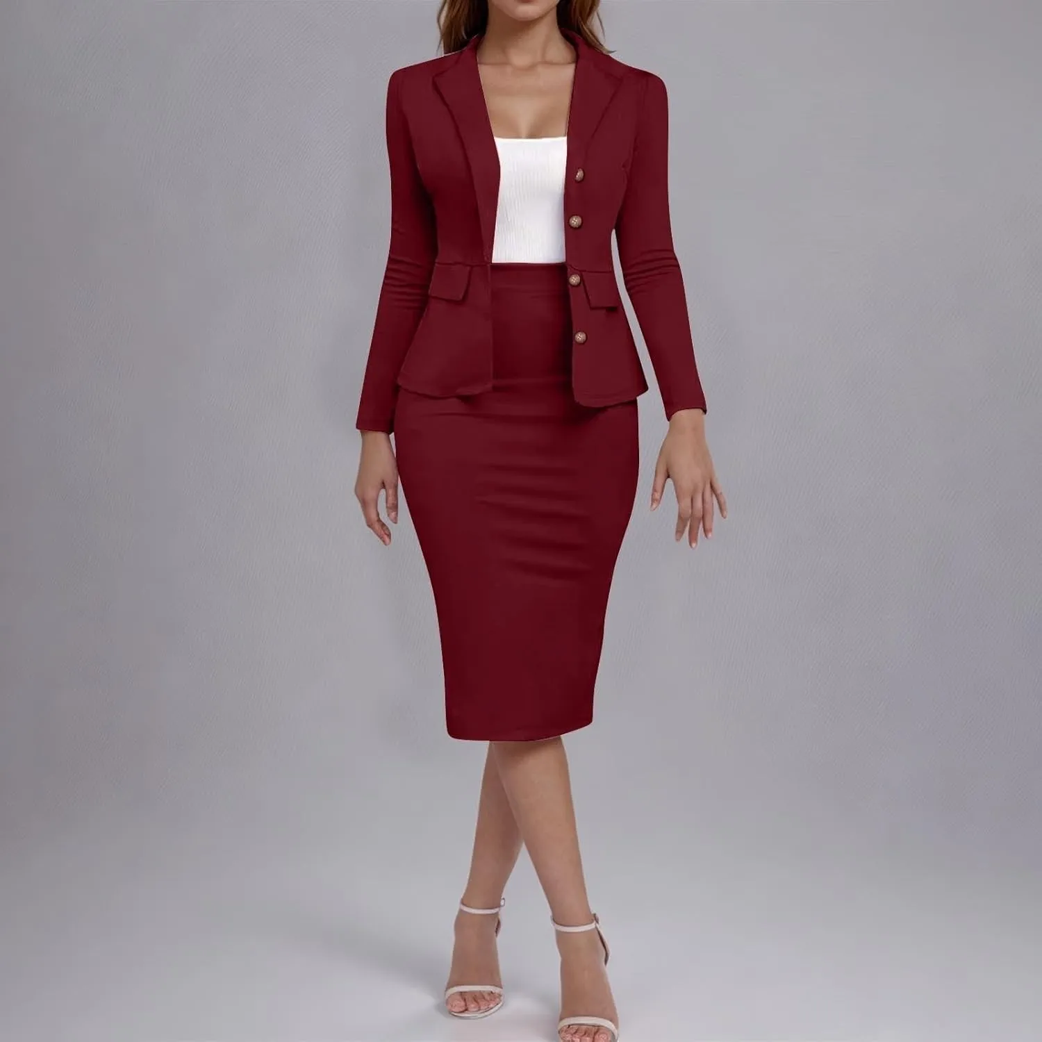 ZEFOTIM Skirt Suit Set for Women Fashion Blazer Solid Color Curvy Long Sleeve 2 Piece Jackets with Pocket