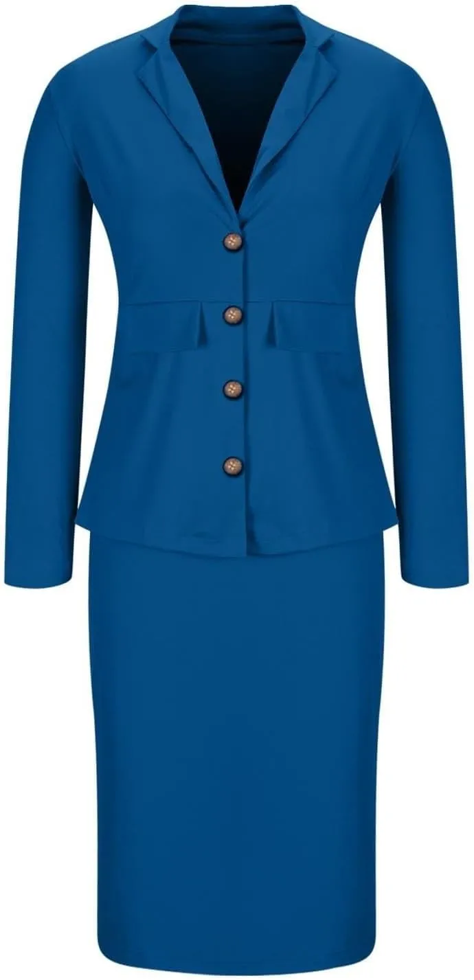 ZEFOTIM Skirt Suit Set for Women Fashion Blazer Solid Color Curvy Long Sleeve 2 Piece Jackets with Pocket