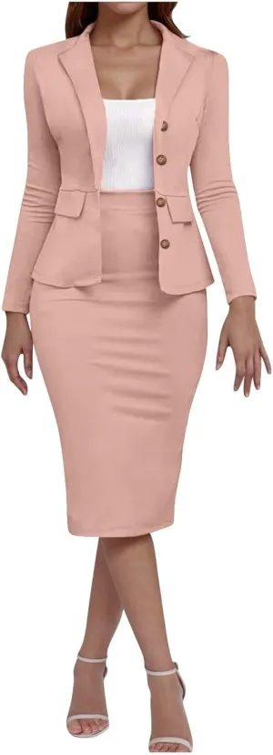 ZEFOTIM Skirt Suit Set for Women Fashion Blazer Solid Color Curvy Long Sleeve 2 Piece Jackets with Pocket