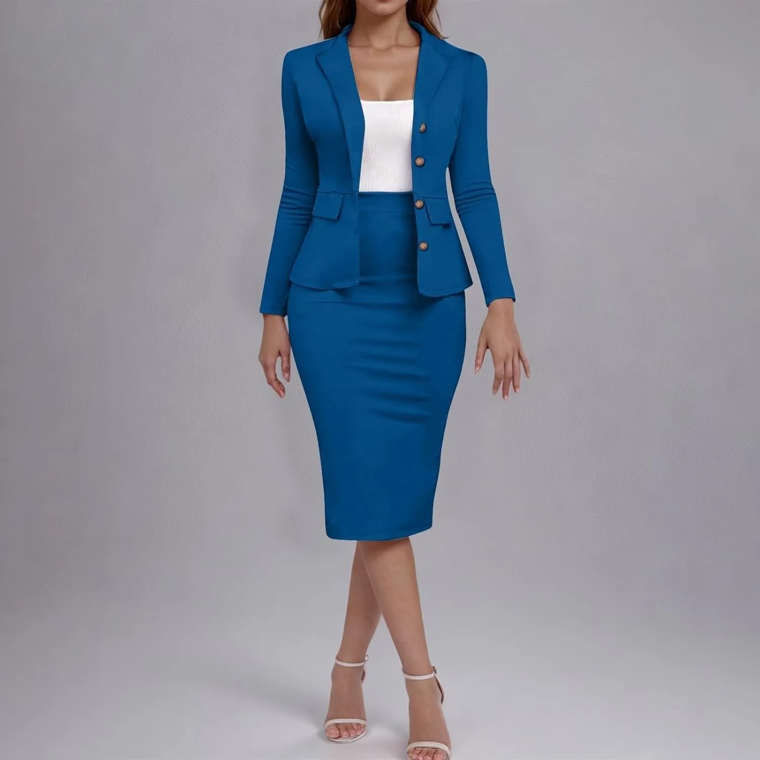 ZEFOTIM Skirt Suit Set for Women Fashion Blazer Solid Color Curvy Long Sleeve 2 Piece Jackets with Pocket