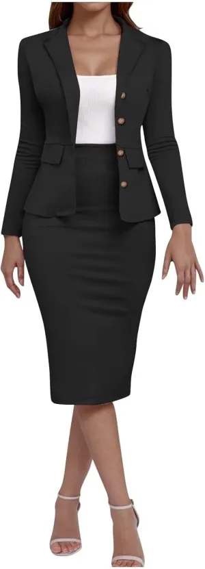 ZEFOTIM Skirt Suit Set for Women Fashion Blazer Solid Color Curvy Long Sleeve 2 Piece Jackets with Pocket