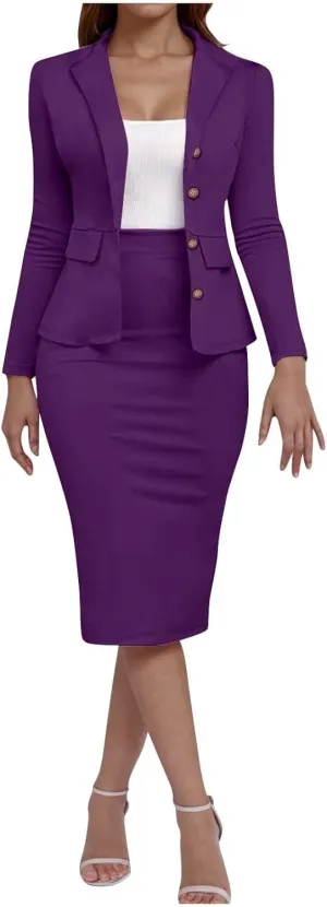 ZEFOTIM Skirt Suit Set for Women Petite Blazer Solid Color Curvy Long Sleeve Two Piece Jacket with Pocket