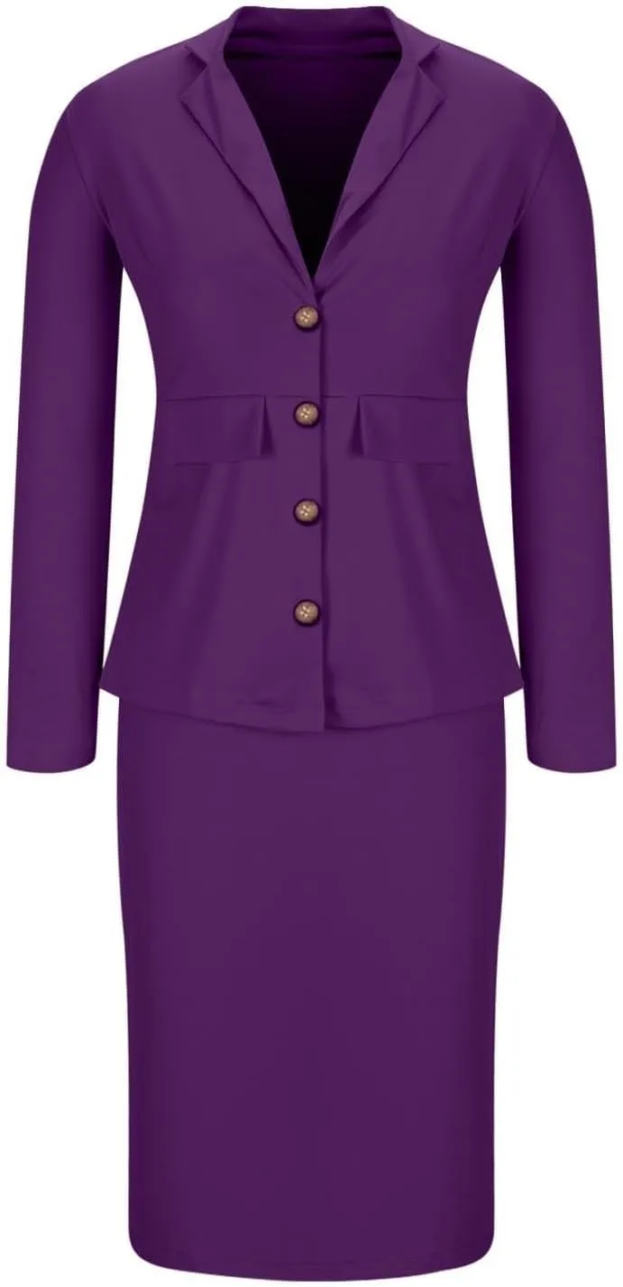 ZEFOTIM Skirt Suit Set for Women Petite Blazer Solid Color Curvy Long Sleeve Two Piece Jacket with Pocket