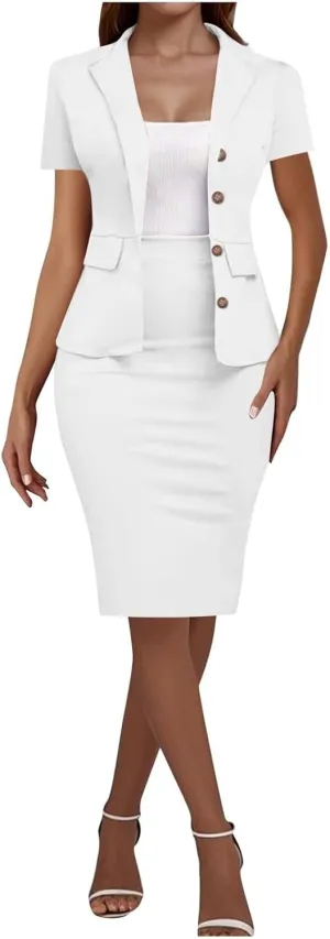 ZEFOTIM Skirt Suit Set for Women Professional Blazer Solid Color Petite Short Sleeve Two Piece Jacket with Pocket