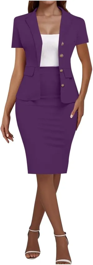 ZEFOTIM Skirt Suit Set for Women Professional Blazer Solid Color Petite Short Sleeve Two Piece Jacket with Pocket