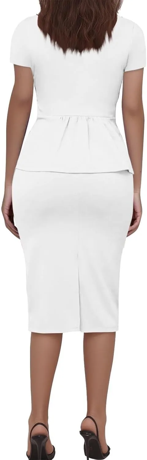 ZEFOTIM Skirt Suit Set for Women Professional Blazer Solid Color Petite Short Sleeve Two Piece Jacket with Pocket