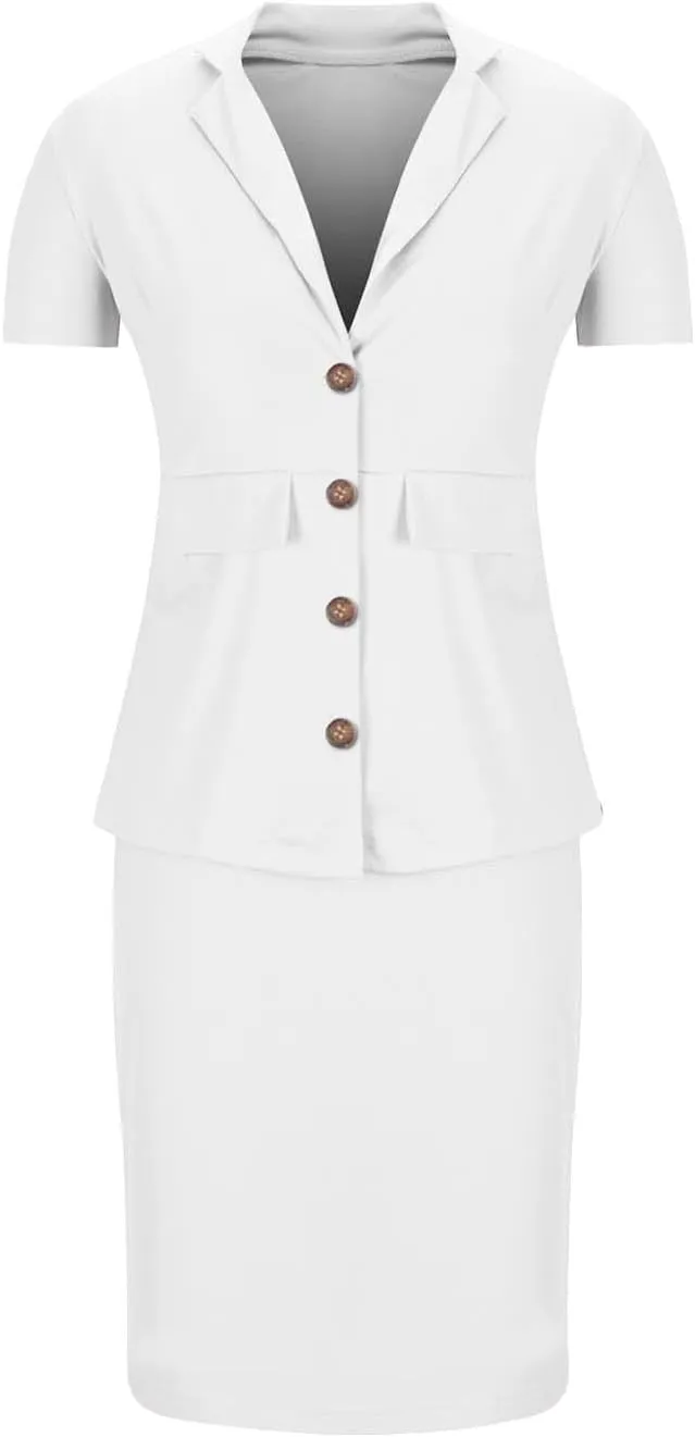 ZEFOTIM Skirt Suit Set for Women Professional Blazer Solid Color Petite Short Sleeve Two Piece Jacket with Pocket