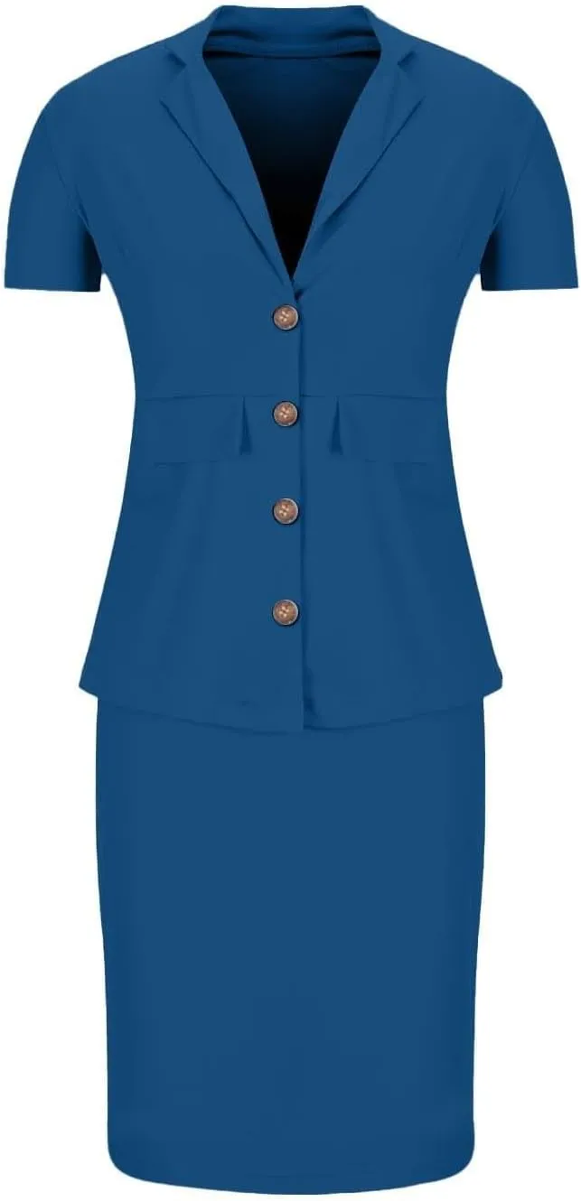 ZEFOTIM Skirt Suit Set for Women Wedding Blazer Solid Color Dressy Short Sleeve Two Piece Jacket with Pocket