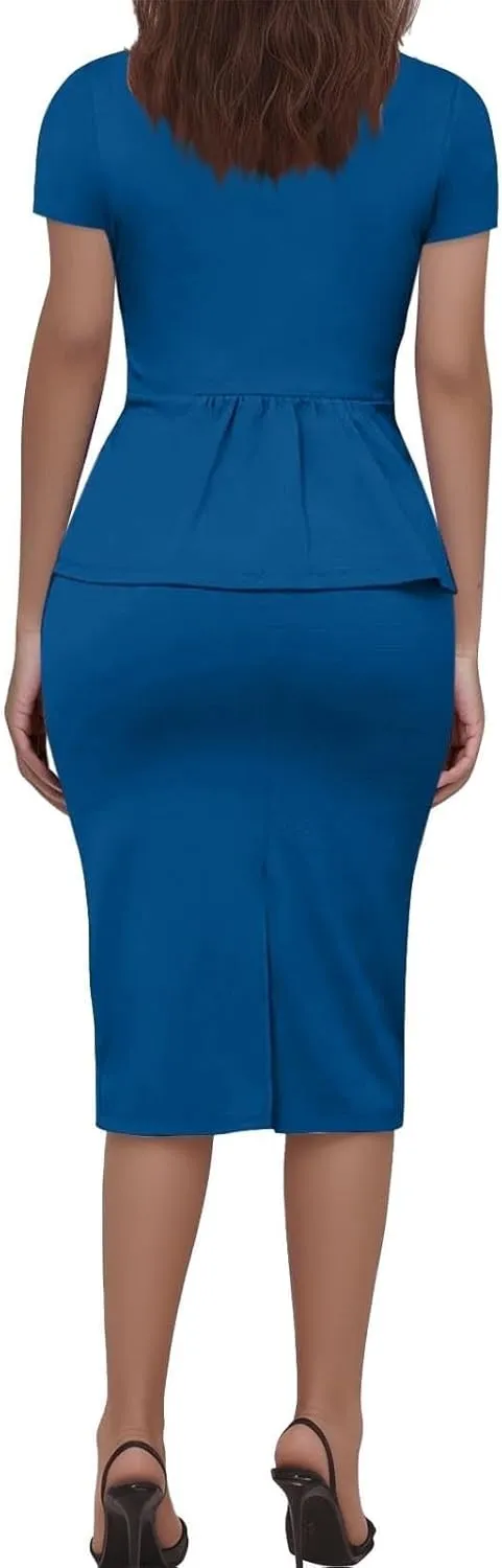 ZEFOTIM Skirt Suit Set for Women Wedding Blazer Solid Color Dressy Short Sleeve Two Piece Jacket with Pocket