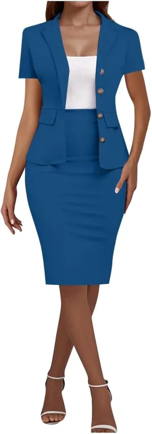 ZEFOTIM Skirt Suit Set for Women Wedding Blazer Solid Color Dressy Short Sleeve Two Piece Jacket with Pocket