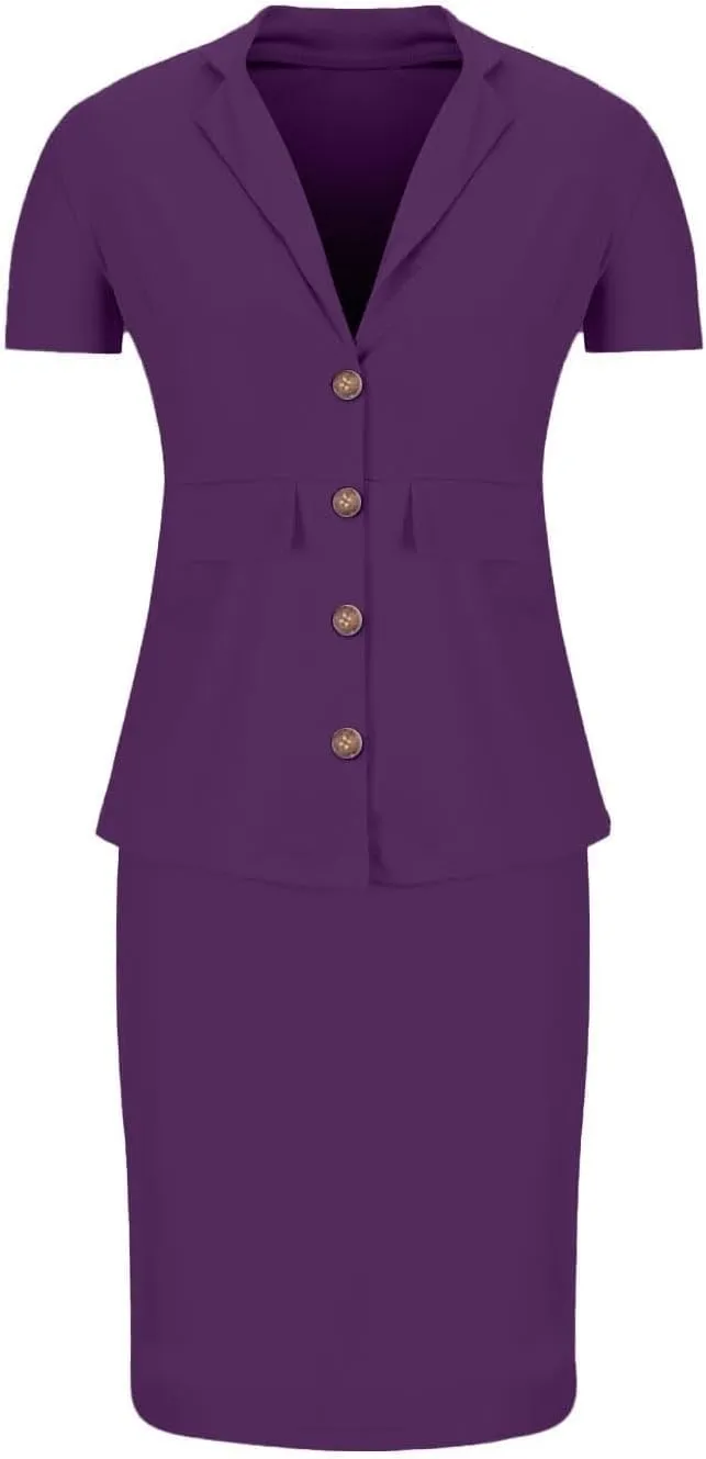 ZEFOTIM Skirt Suit Set for Women Wedding Blazer Solid Color Dressy Short Sleeve Two Piece Jacket with Pocket